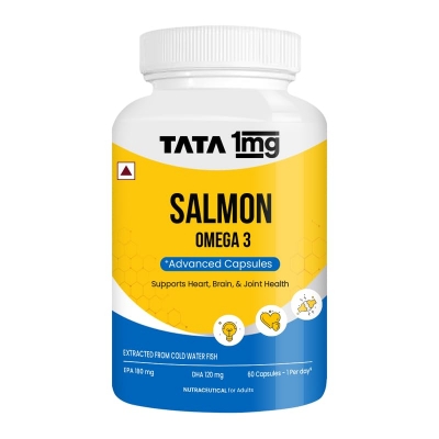 Picture of TATA 1mg Salmon Omega 3 Fish Oil Capsules 1000mg|Advanced Fish Oil supplement with 180mg EPA & 120mg DHA|High absorption Omega 3 for Heart,Brain & Joints|Helps manage cholesterol|Pack of 60,116 grams