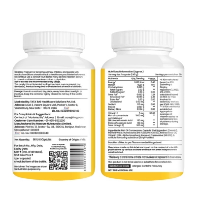 Picture of TATA 1mg Salmon Omega 3 Fish Oil Capsules 1000mg|Advanced Fish Oil supplement with 180mg EPA & 120mg DHA|High absorption Omega 3 for Heart,Brain & Joints|Helps manage cholesterol|Pack of 60,116 grams