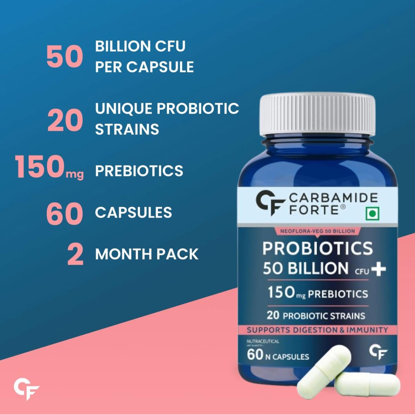 Picture of Carbamide Forte Probiotics Supplement 50 Billion CFU Gut Health Supplements with Probiotic | Gut Cleanse with Prebiotics and Probiotics | L Reuteri Probiotics Supplement for Gut Health – 60 Capsules
