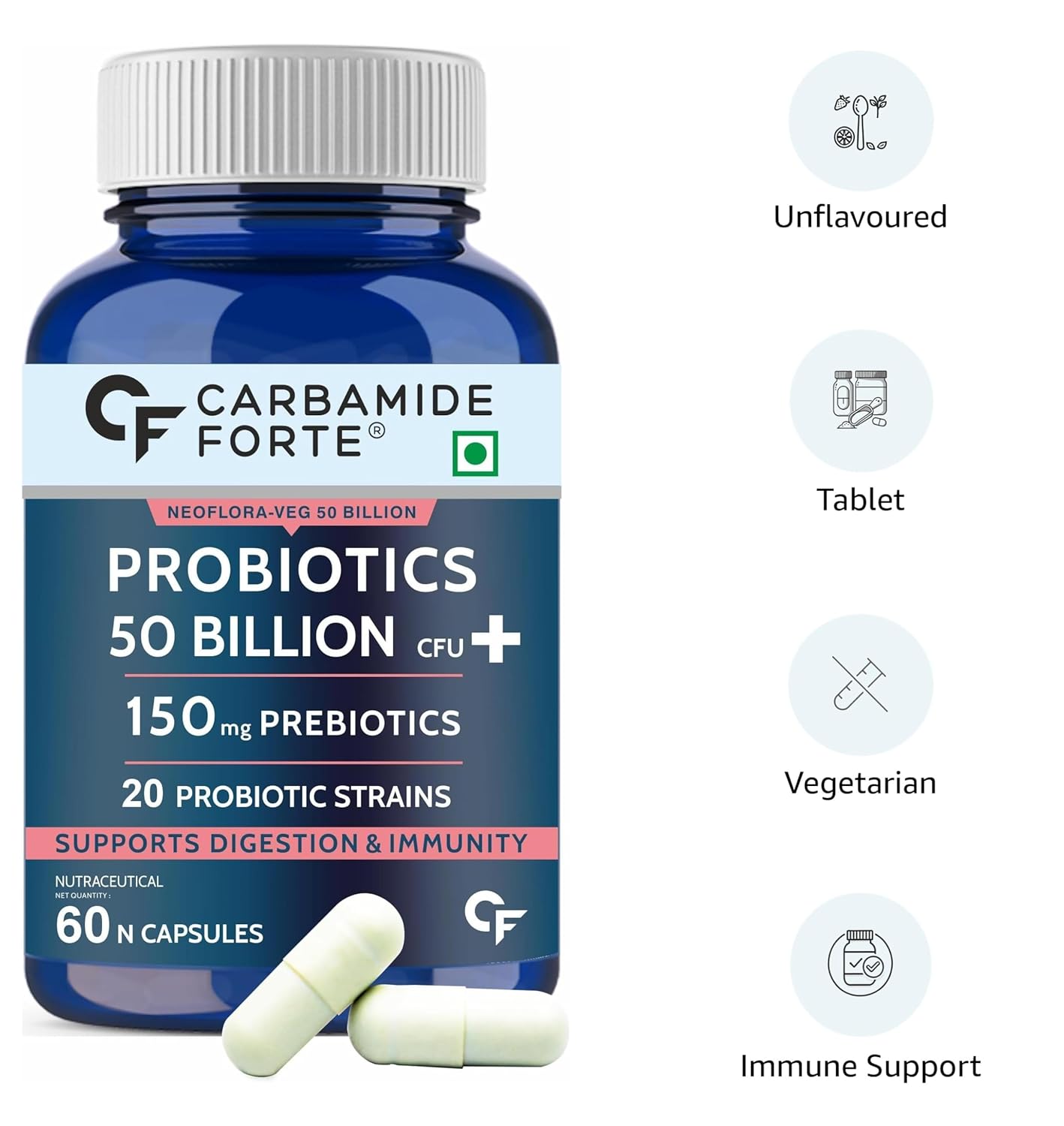 Picture of Carbamide Forte Probiotics Supplement 50 Billion CFU Gut Health Supplements with Probiotic | Gut Cleanse with Prebiotics and Probiotics | L Reuteri Probiotics Supplement for Gut Health – 60 Capsules