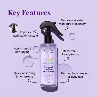 Picture of Bare Anatomy Nature x Science Rosemary Water Spray for Hair Growth & Hair Thickness with Rice Water |100% Natural Extract | Soft & Smooth Hair | Controls Hairfall & Adds Shine | Non-Greasy & Fast Absorbing | 200 ml