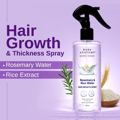 Picture of Bare Anatomy Nature x Science Rosemary Water Spray for Hair Growth & Hair Thickness with Rice Water |100% Natural Extract | Soft & Smooth Hair | Controls Hairfall & Adds Shine | Non-Greasy & Fast Absorbing | 200 ml