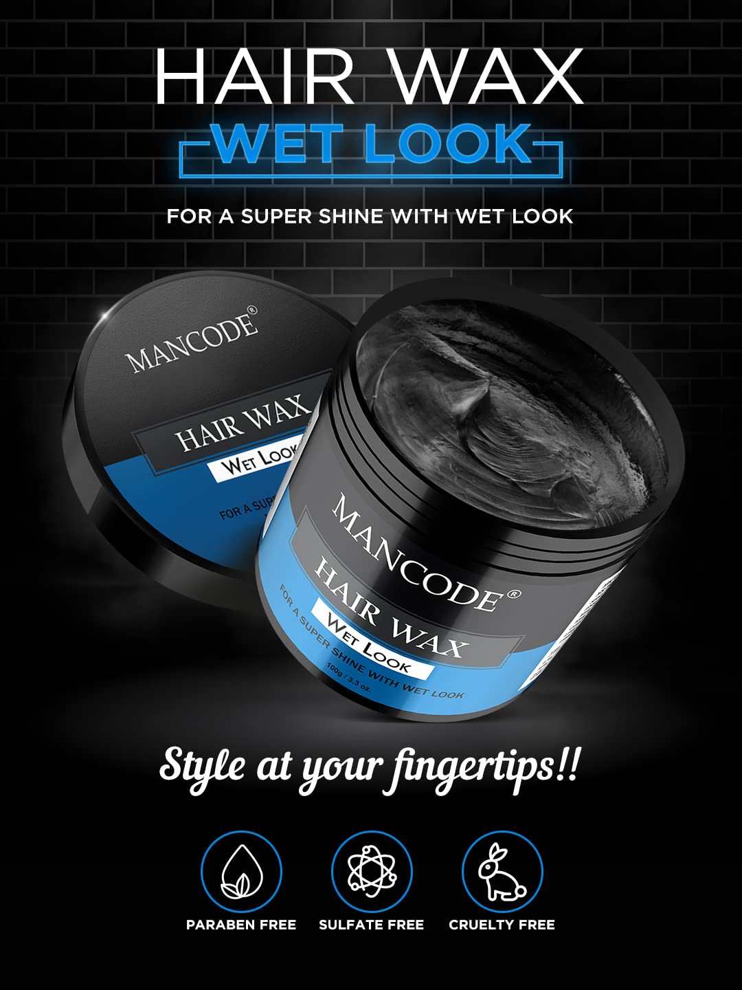 Picture of Mancode Wet Look Hair Wax 100 gm for MEN | Long Lasting Stylist Look | Glossy Finish | Shine | Restylable Anytime, Easy Wash Off | No Paraben, Sulphate, Alcohol & Harmfull Chemicals