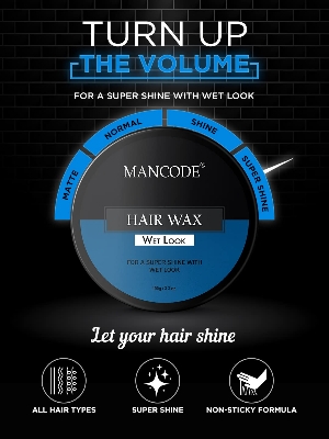 Picture of Mancode Wet Look Hair Wax 100 gm for MEN | Long Lasting Stylist Look | Glossy Finish | Shine | Restylable Anytime, Easy Wash Off | No Paraben, Sulphate, Alcohol & Harmfull Chemicals