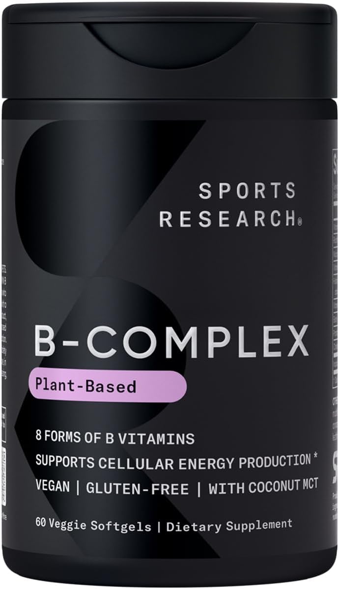 Picture of Sports Research® Vegan Vitamin B Complex - All 8 Active Forms with Methyl Folate, Methyl B12, B6, Biotin w/Choline & Inositol - Cellular Energy Support* - Vegan · Gluten Free · Non-GMO - 60 Softgels