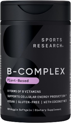 Picture of Sports Research® Vegan Vitamin B Complex - All 8 Active Forms with Methyl Folate, Methyl B12, B6, Biotin w/Choline & Inositol - Cellular Energy Support* - Vegan · Gluten Free · Non-GMO - 60 Softgels