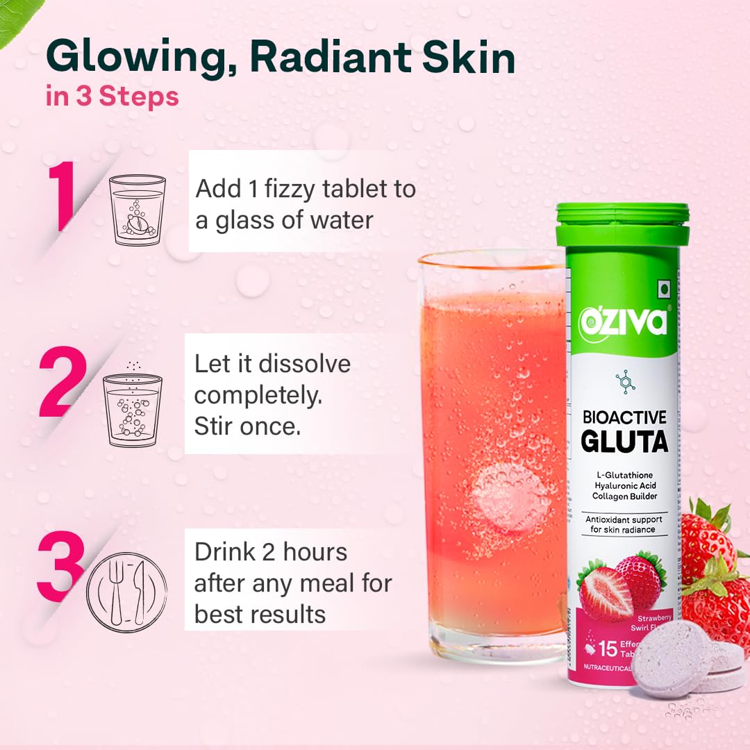 Picture of OZiva Bioactive Glutathione Tablets for Radiant Skin - 15 Effervescent Tablets (Pack of 1) | L-Glutathione, Lycopene, Vitamin C For Skin Glow & Anti-Pigmentation | Strawberry Swirl