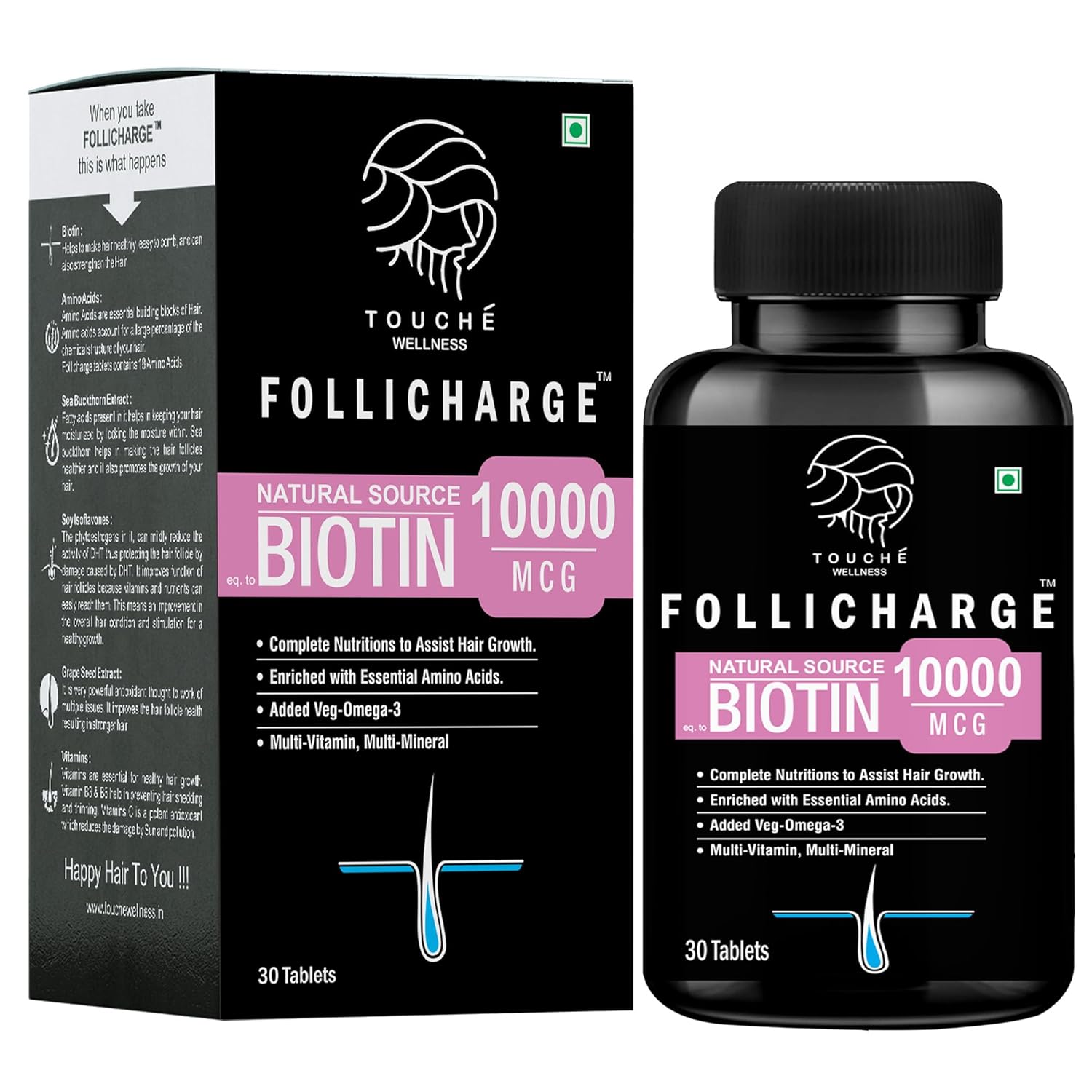 Picture of Touche Wellness Follicharge Tablets for Hair & Skin - Premium Formula with Biotin 10000 mcg with 18 Amino Acids, Mutli Minerals & Multivitamins for Men And Women 30 Tablets Bottle