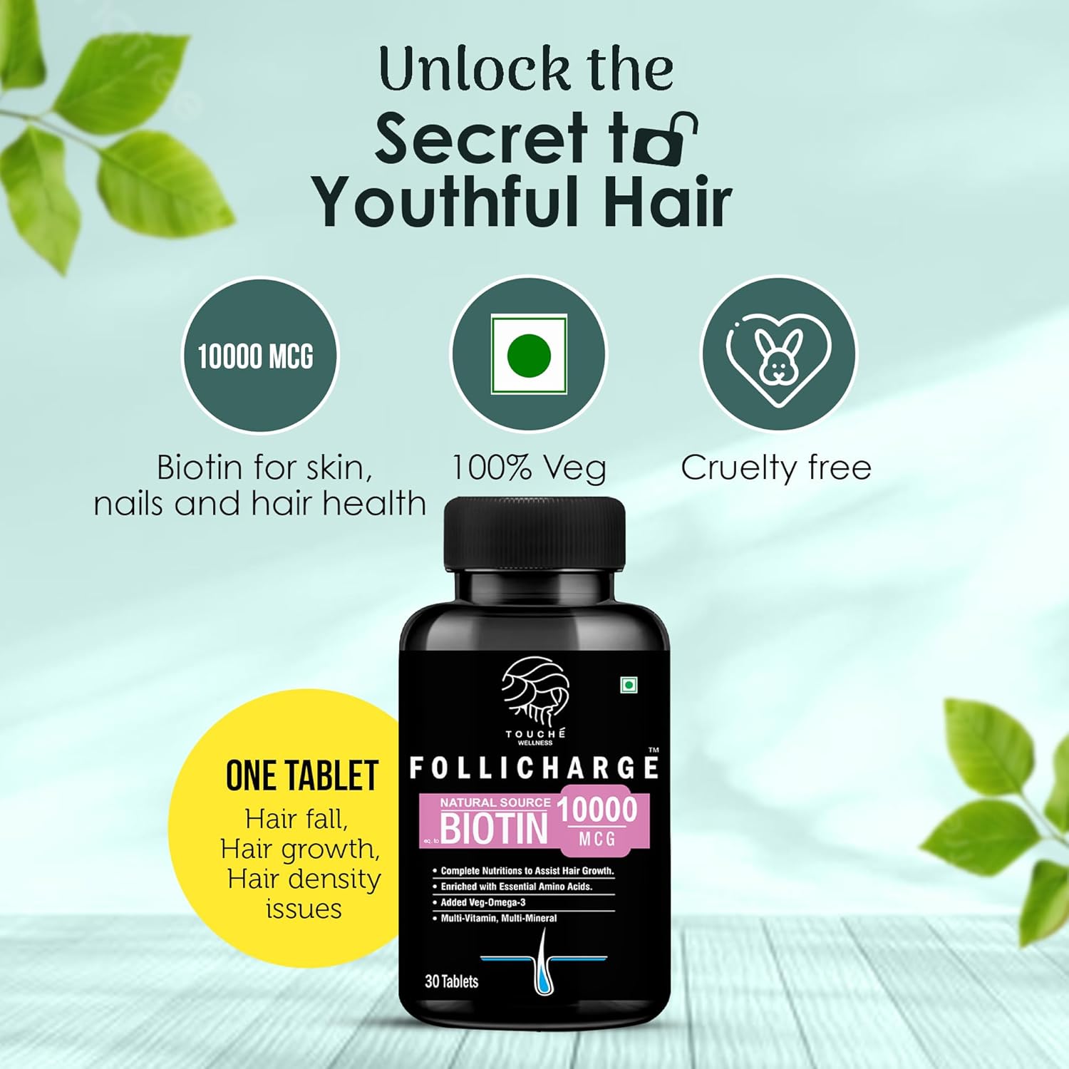 Picture of Touche Wellness Follicharge Tablets for Hair & Skin - Premium Formula with Biotin 10000 mcg with 18 Amino Acids, Mutli Minerals & Multivitamins for Men And Women 30 Tablets Bottle