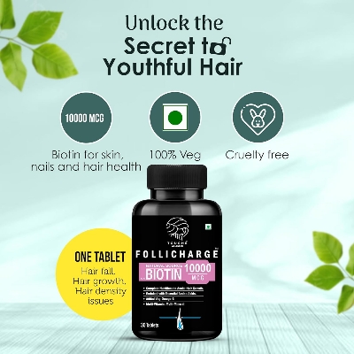 Picture of Touche Wellness Follicharge Tablets for Hair & Skin - Premium Formula with Biotin 10000 mcg with 18 Amino Acids, Mutli Minerals & Multivitamins for Men And Women 30 Tablets Bottle