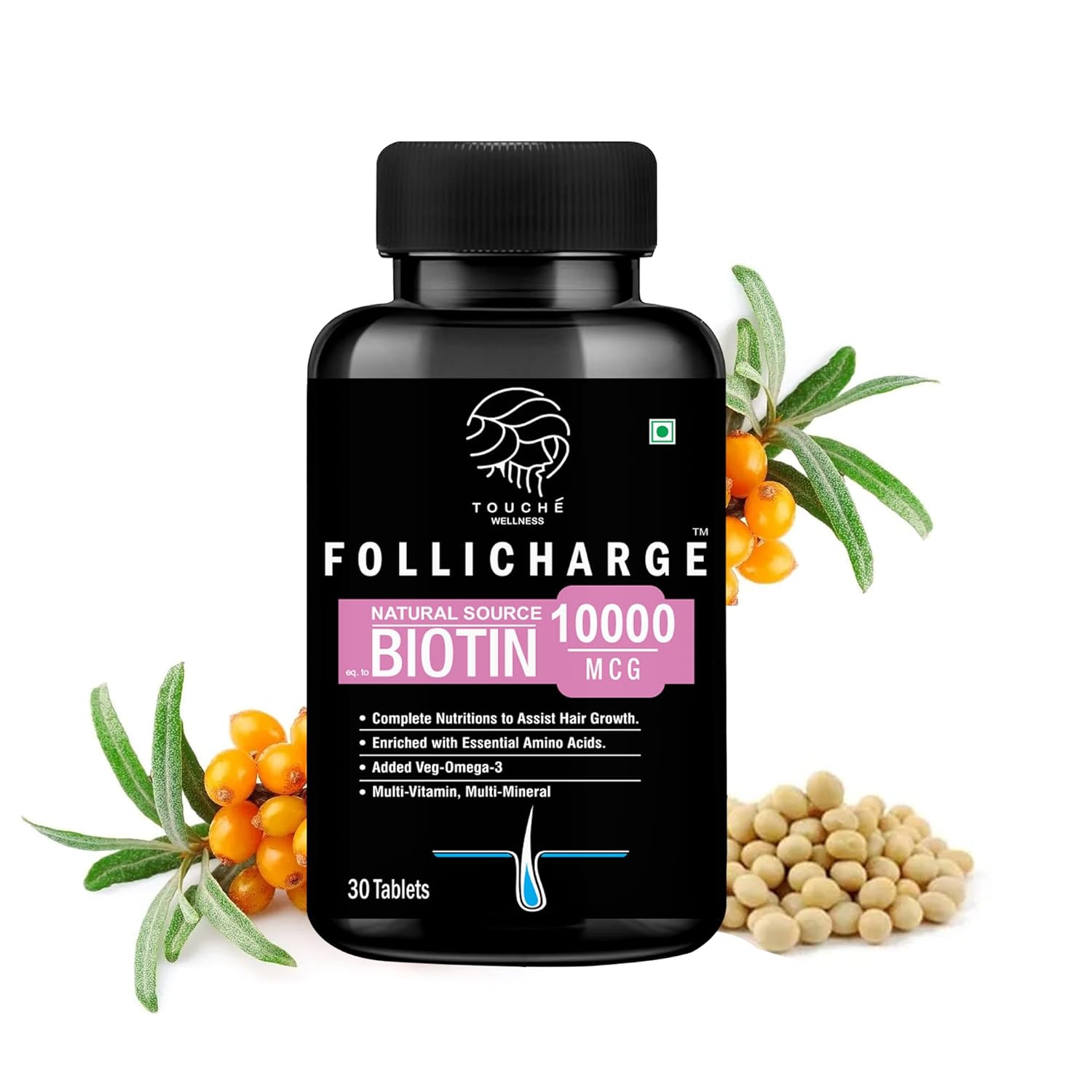 Picture of Touche Wellness Follicharge Tablets for Hair & Skin - Premium Formula with Biotin 10000 mcg with 18 Amino Acids, Mutli Minerals & Multivitamins for Men And Women 30 Tablets Bottle