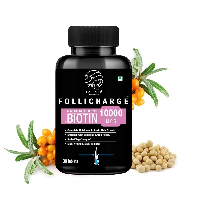 Picture of Touche Wellness Follicharge Tablets for Hair & Skin - Premium Formula with Biotin 10000 mcg with 18 Amino Acids, Mutli Minerals & Multivitamins for Men And Women 30 Tablets Bottle