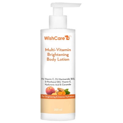 Picture of WishCare Multi-Vitamin Brightening Body Lotion - 5% Vitamin C, 5% Niacinamide(B3), Panthenol(B5), Vitamin E, Turmeric & Kakadu Plum - For Men & Women - 200 Ml