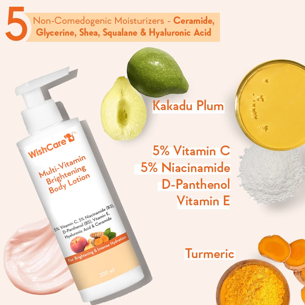 Picture of WishCare Multi-Vitamin Brightening Body Lotion - 5% Vitamin C, 5% Niacinamide(B3), Panthenol(B5), Vitamin E, Turmeric & Kakadu Plum - For Men & Women - 200 Ml