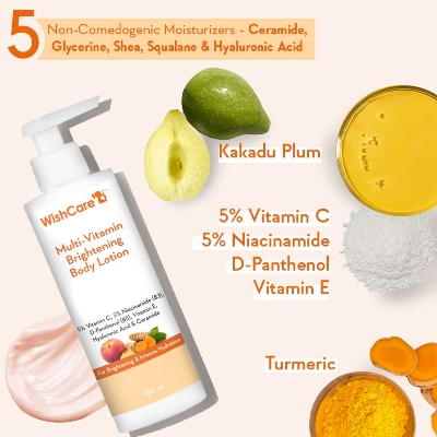 Picture of WishCare Multi-Vitamin Brightening Body Lotion - 5% Vitamin C, 5% Niacinamide(B3), Panthenol(B5), Vitamin E, Turmeric & Kakadu Plum - For Men & Women - 200 Ml