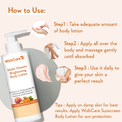 Picture of WishCare Multi-Vitamin Brightening Body Lotion - 5% Vitamin C, 5% Niacinamide(B3), Panthenol(B5), Vitamin E, Turmeric & Kakadu Plum - For Men & Women - 200 Ml
