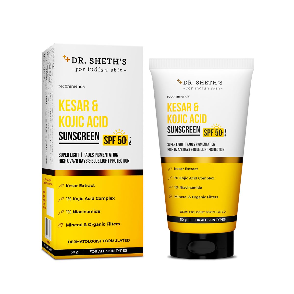 Picture of Dr. Sheth's Kesar & Kojic Acid Sunscreen with SPF 50 Pa++++ | For Pigmentation-Free Skin | No White Cast & Light Weight | For Daily Moisturization | For All Skin Types | 50 g