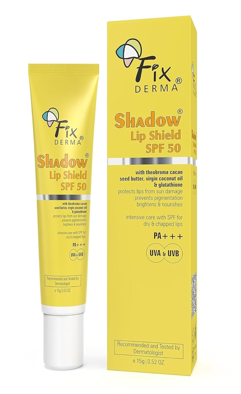 Picture of FIXDERMA Shadow Spf 50 Lip Shield Pa+++ Lip Balm Spf 50 With Theobroma Cacao Seed Butter,Virgin Coconut Oil & Glutathione Prevents Pigmentation & Sun Damage Sun Protector Uva & Uvb-15Gm,Yellow, All