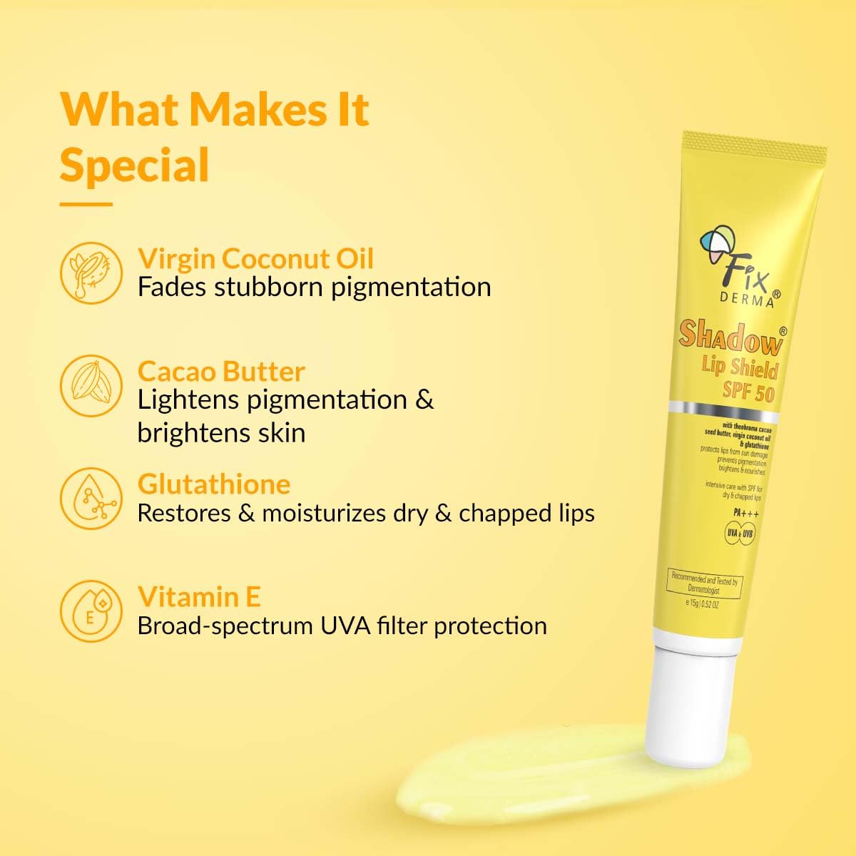 Picture of FIXDERMA Shadow Spf 50 Lip Shield Pa+++ Lip Balm Spf 50 With Theobroma Cacao Seed Butter,Virgin Coconut Oil & Glutathione Prevents Pigmentation & Sun Damage Sun Protector Uva & Uvb-15Gm,Yellow, All