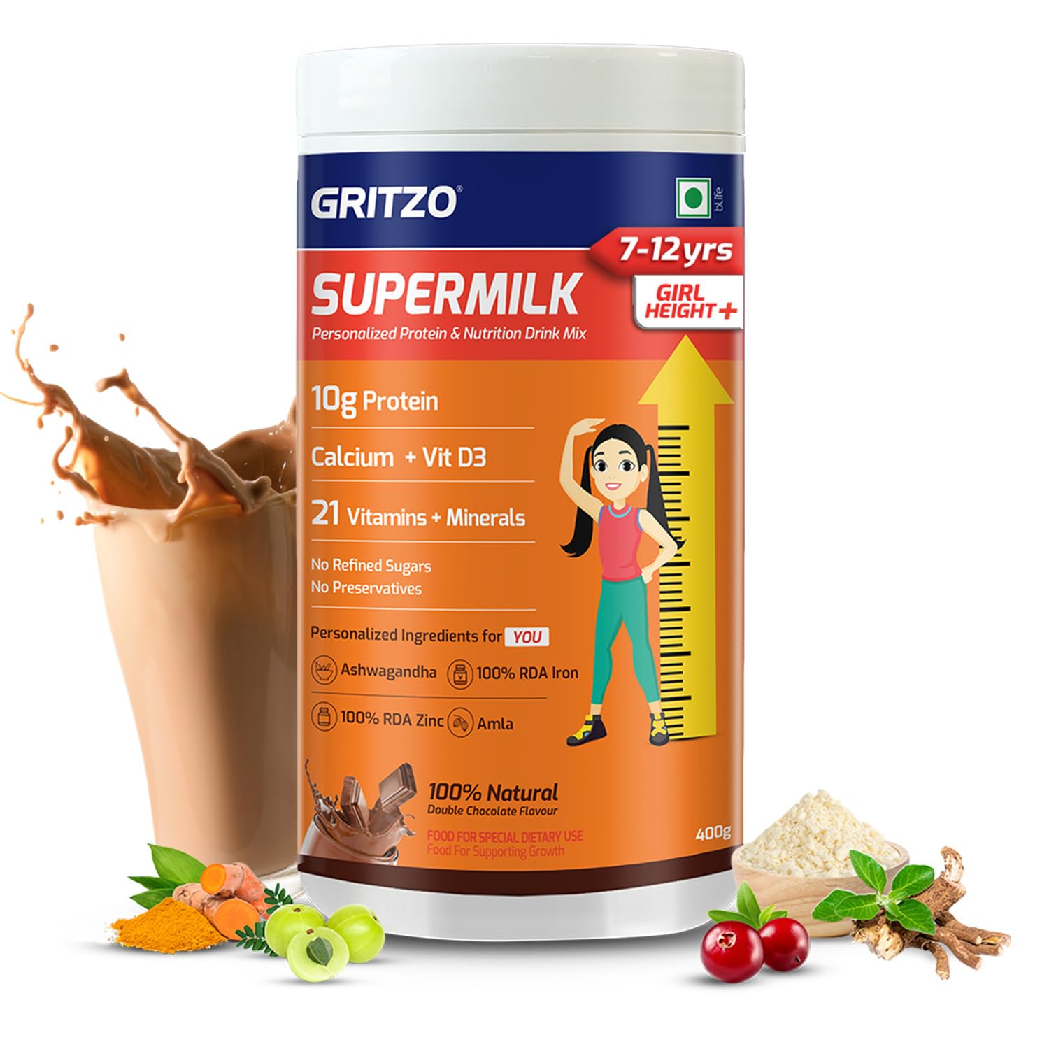 Picture of Gritzo SuperMilk Height+ (7-12y Girls), 10g Protein Powder (Double Chocolate, 400g) | Zero Refined Sugar, 21 Vitamins & Minerals