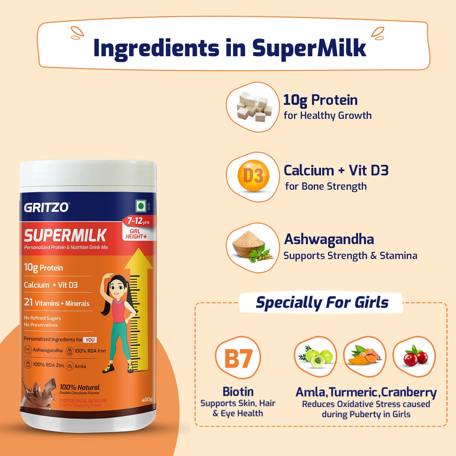 Picture of Gritzo SuperMilk Height+ (7-12y Girls), 10g Protein Powder (Double Chocolate, 400g) | Zero Refined Sugar, 21 Vitamins & Minerals