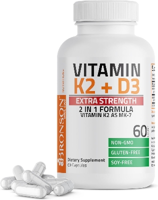 Picture of Bronson Vitamin K2 (MK7) with D3 Extra Strength Supplement Bone Health Non-GMO Formula 10,000 IU & 120 mcg MK-7 Easy to Swallow D K, 60 Capsules