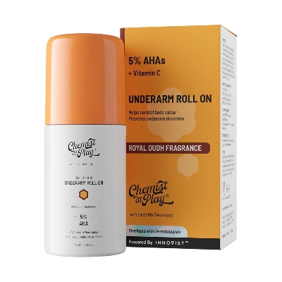 Picture of Chemist at Play UnderArm Roll-On with 5% AHA, Lactic Acid & 1% Mandelic Acid | Prevents Body Odour, Brightens Skin & Exfoliates Underarm | For Sensitive Skin | Royal Oudh Fragrance | Alcohol Free-40ml