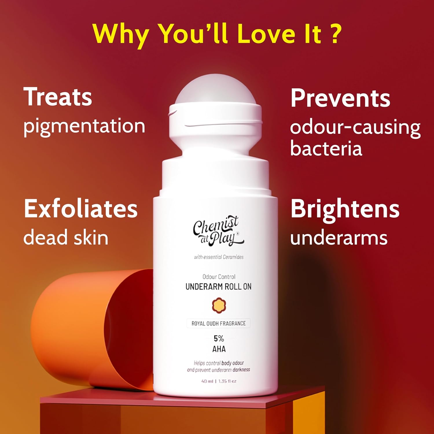 Picture of Chemist at Play UnderArm Roll-On with 5% AHA, Lactic Acid & 1% Mandelic Acid | Prevents Body Odour, Brightens Skin & Exfoliates Underarm | For Sensitive Skin | Royal Oudh Fragrance | Alcohol Free-40ml