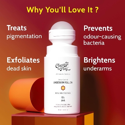 Picture of Chemist at Play UnderArm Roll-On with 5% AHA, Lactic Acid & 1% Mandelic Acid | Prevents Body Odour, Brightens Skin & Exfoliates Underarm | For Sensitive Skin | Royal Oudh Fragrance | Alcohol Free-40ml