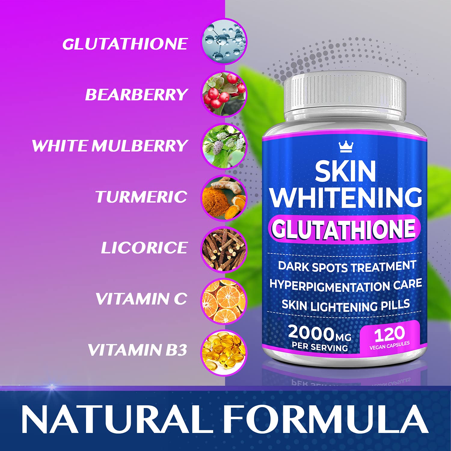 Picture of Glutathione Whitening Pills - 120 Capsules 2000mg Glutathione - Effective Skin Lightening Supplement - Dark Spots, Melasma & Acne Scar Remover, Hyperpigmentation Treatment - Anti-Aging Antioxidant