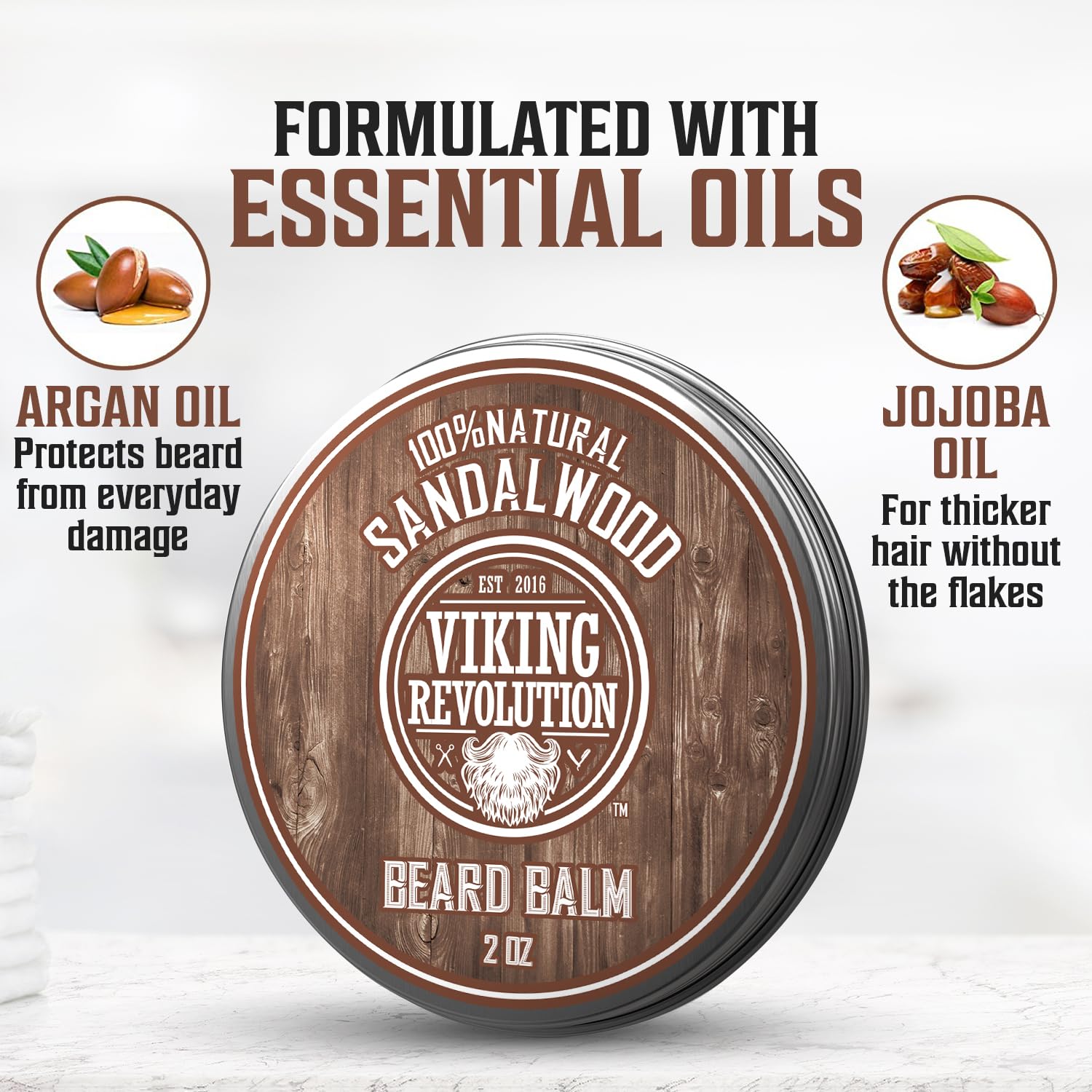 Picture of Viking Revolution Sandalwood Beard Balm - Beard Butter with Argan Oil, Beard Softener for Men with Jojoba Oil - Beard Moisturizer for Men with Beeswax - Beard Wax for Men