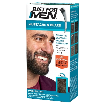Picture of Just For Men Mustache & Beard, Beard Dye for Men with Brush Included, With Keratin Biotin Aloe and Coconut Oil for Healthy Facial Hair - Dark Brown, M-45, Pack of 1 (Packaging May Vary)