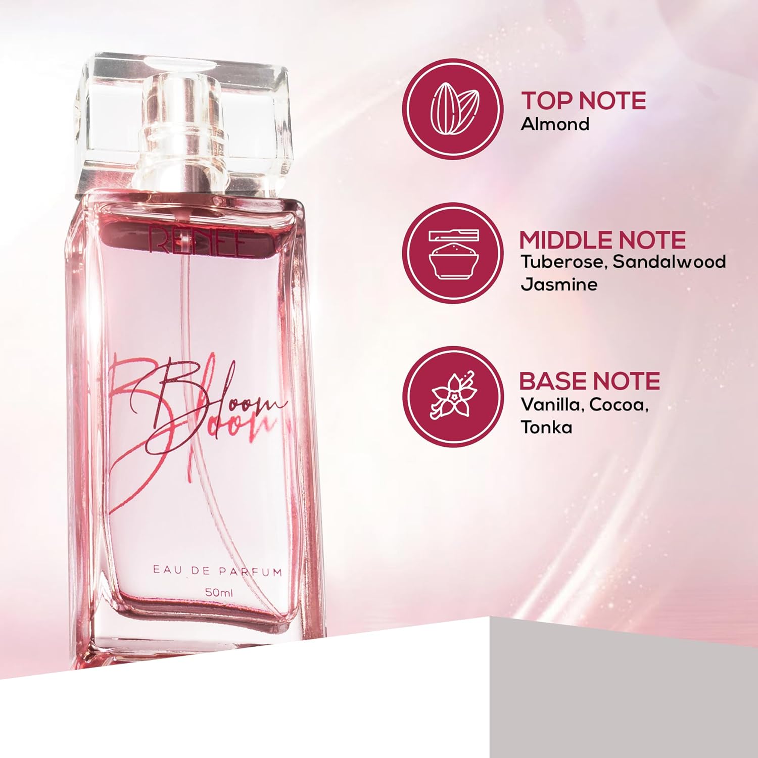 Picture of RENEE Eau De Parfum Bloom 50Ml| Premium Long Lasting Luxury Perfume Liquid| Notes Of Almond, Unisex Adult, Scent For All Occasions