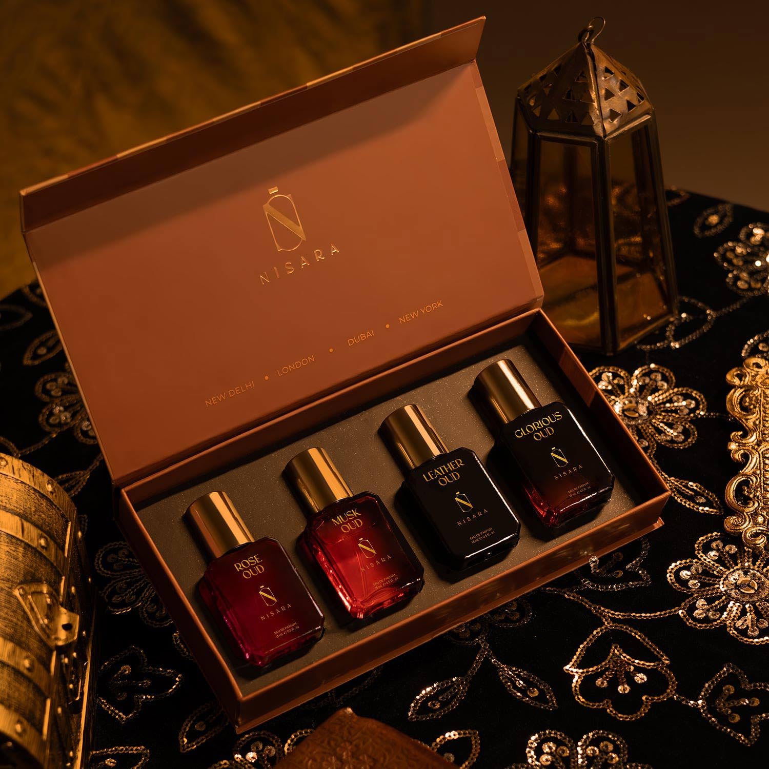 Picture of Nisara Long-Lasting Unisex Oud Gift Set 4x15ml(60ml) | Notes:- Rose, Musk, Leather, Woody Oud | Travel & Pocket-Friendly Perfume Kit for All Moods & Occasions