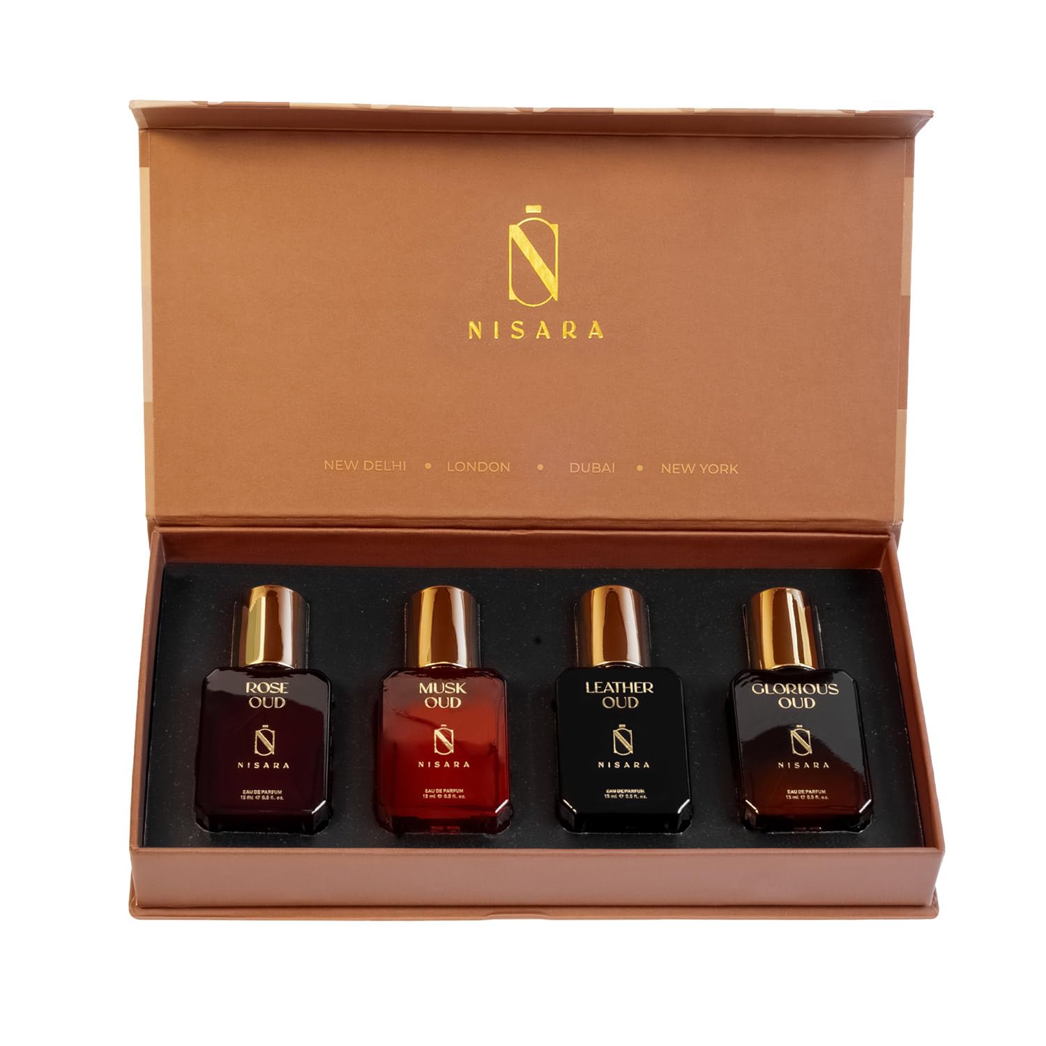 Picture of Nisara Long-Lasting Unisex Oud Gift Set 4x15ml(60ml) | Notes:- Rose, Musk, Leather, Woody Oud | Travel & Pocket-Friendly Perfume Kit for All Moods & Occasions