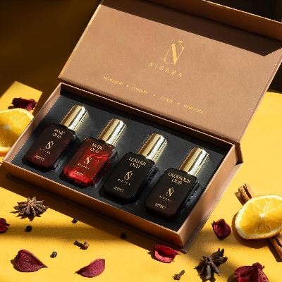 Picture of Nisara Long-Lasting Unisex Oud Gift Set 4x15ml(60ml) | Notes:- Rose, Musk, Leather, Woody Oud | Travel & Pocket-Friendly Perfume Kit for All Moods & Occasions