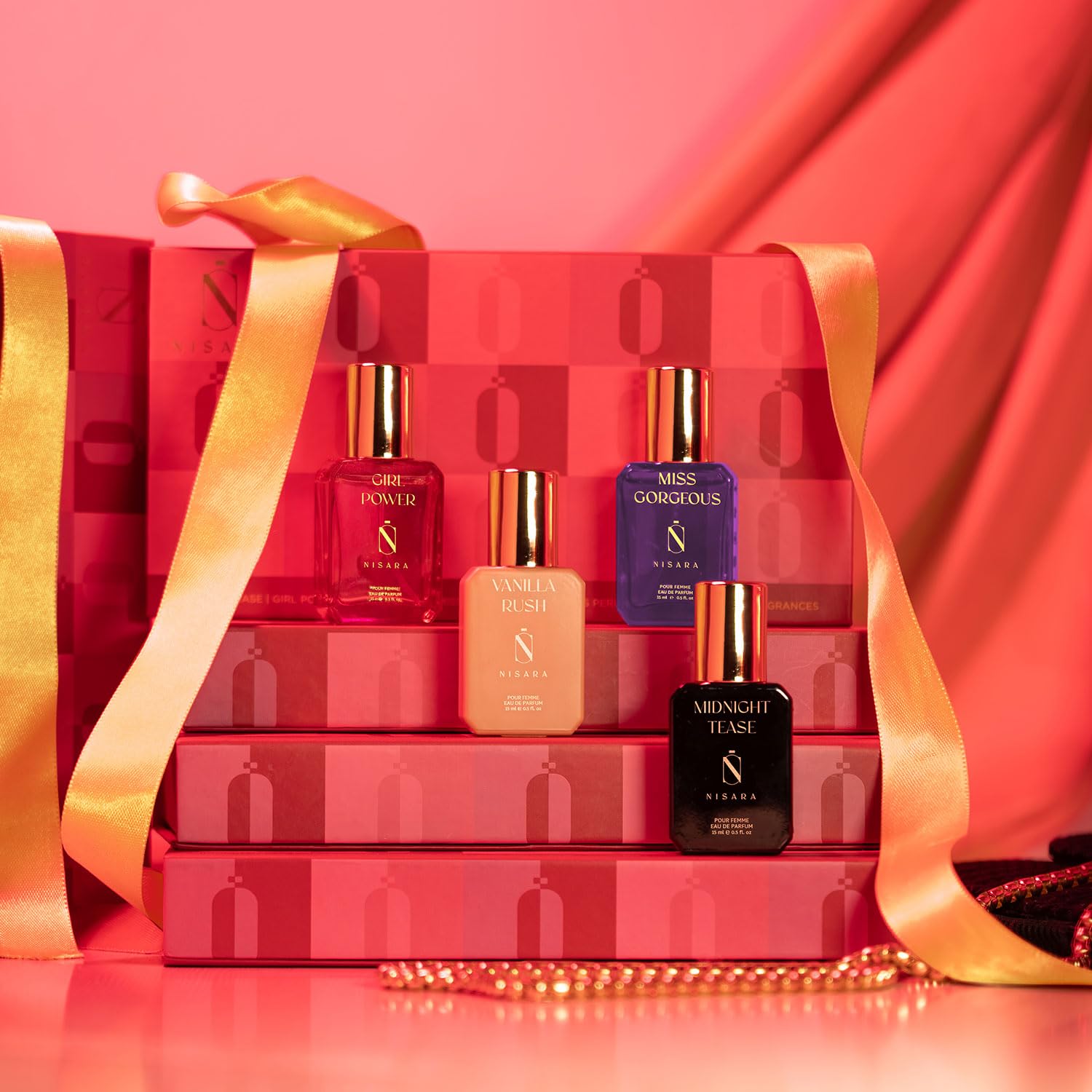 Picture of Nisara Long Lasting Woman Perfume Gift Set 4x15ml(60ml) | Notes:- Warm Vanilla, Floral Woody Musky with | Midnight Tease | Girl Power | Vanilla Rush | Miss Gorgeous | Travel & Pocket friendly perfume kit for all moods & occasions