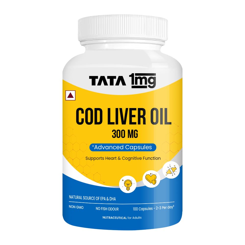 Picture of Tata 1mg Cod Liver Oil Supplement with Omega 3,Vitamin A and D - 100 Capsules | Supports Heart, Brain, Joint and Vision Health | Fish Oil for Women & Men | No Fish Odour & Non-GMO