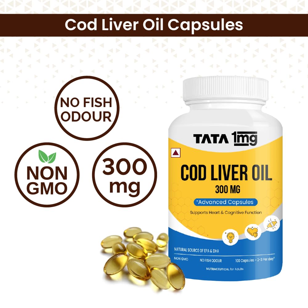 Picture of Tata 1mg Cod Liver Oil Supplement with Omega 3,Vitamin A and D - 100 Capsules | Supports Heart, Brain, Joint and Vision Health | Fish Oil for Women & Men | No Fish Odour & Non-GMO
