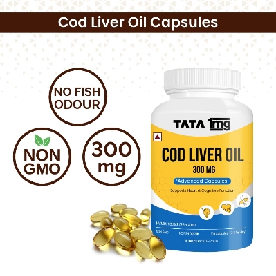 Picture of Tata 1mg Cod Liver Oil Supplement with Omega 3,Vitamin A and D - 100 Capsules | Supports Heart, Brain, Joint and Vision Health | Fish Oil for Women & Men | No Fish Odour & Non-GMO
