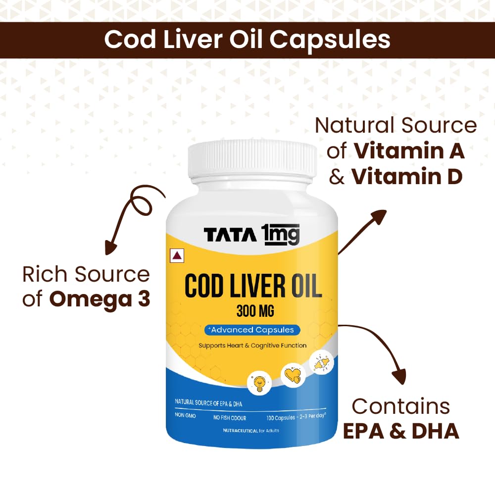 Picture of Tata 1mg Cod Liver Oil Supplement with Omega 3,Vitamin A and D - 100 Capsules | Supports Heart, Brain, Joint and Vision Health | Fish Oil for Women & Men | No Fish Odour & Non-GMO