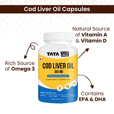 Picture of Tata 1mg Cod Liver Oil Supplement with Omega 3,Vitamin A and D - 100 Capsules | Supports Heart, Brain, Joint and Vision Health | Fish Oil for Women & Men | No Fish Odour & Non-GMO
