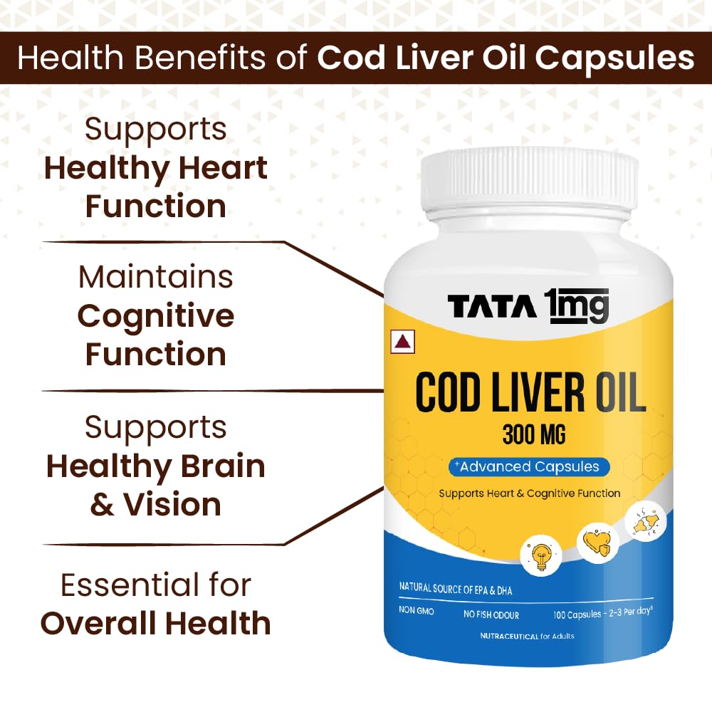 Picture of Tata 1mg Cod Liver Oil Supplement with Omega 3,Vitamin A and D - 100 Capsules | Supports Heart, Brain, Joint and Vision Health | Fish Oil for Women & Men | No Fish Odour & Non-GMO