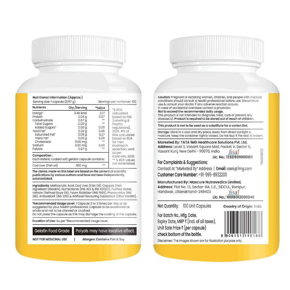 Picture of Tata 1mg Cod Liver Oil Supplement with Omega 3,Vitamin A and D - 100 Capsules | Supports Heart, Brain, Joint and Vision Health | Fish Oil for Women & Men | No Fish Odour & Non-GMO