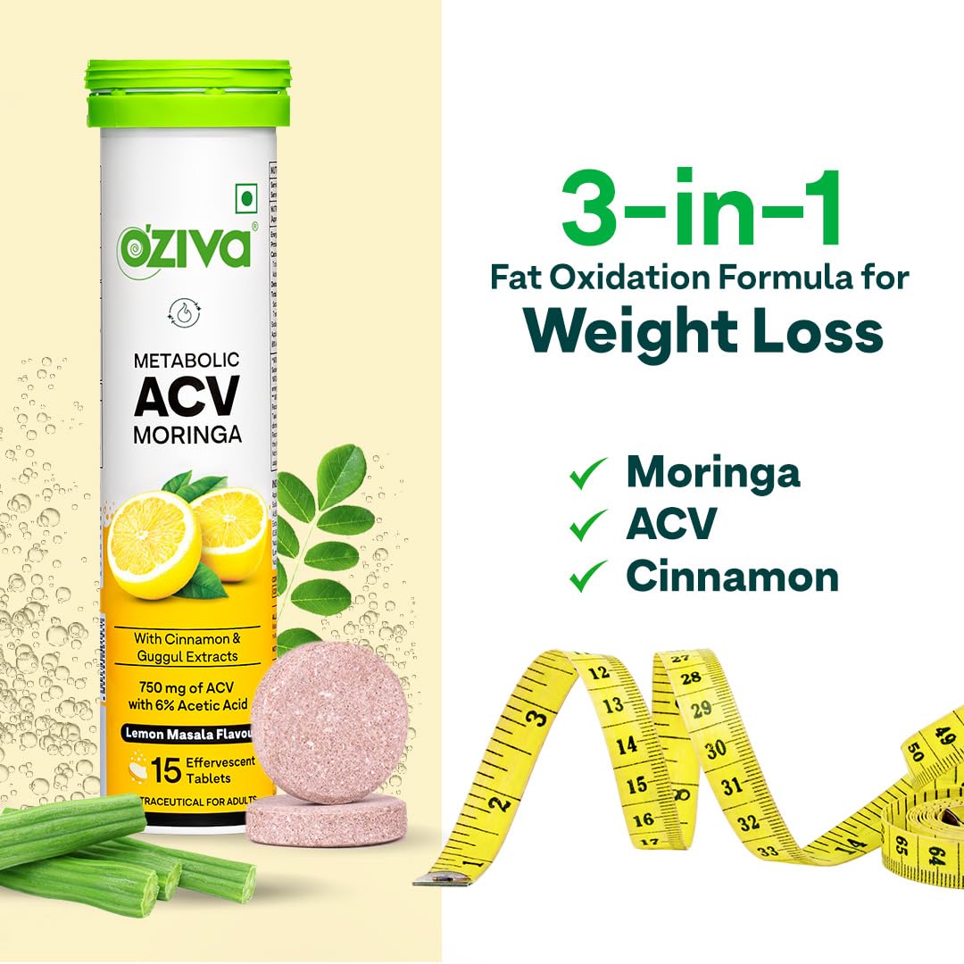 Picture of OZiva ACV Moringa | Control Cravings I Apple Cider Vinegar, Cinnamon, Guggul I No Maltodextrin & No Added Sugar I 15 Effervescent Tablets - Lemon Masala