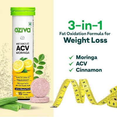 Picture of OZiva ACV Moringa | Control Cravings I Apple Cider Vinegar, Cinnamon, Guggul I No Maltodextrin & No Added Sugar I 15 Effervescent Tablets - Lemon Masala