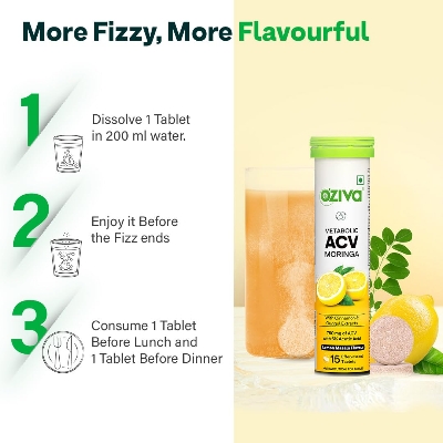 Picture of OZiva ACV Moringa | Control Cravings I Apple Cider Vinegar, Cinnamon, Guggul I No Maltodextrin & No Added Sugar I 15 Effervescent Tablets - Lemon Masala