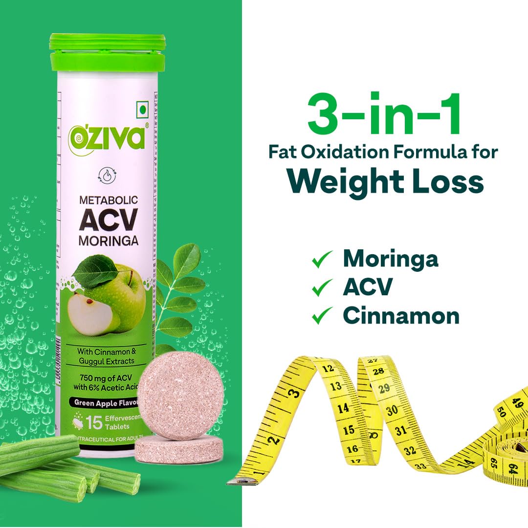 Picture of OZiva ACV Moringa | Control Cravings I Apple Cider Vinegar, Cinnamon, Guggul I No Maltodextrin & No Added Sugar I 15 Effervescent Tablets - Green Apple