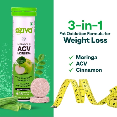 Picture of OZiva ACV Moringa | Control Cravings I Apple Cider Vinegar, Cinnamon, Guggul I No Maltodextrin & No Added Sugar I 15 Effervescent Tablets - Green Apple