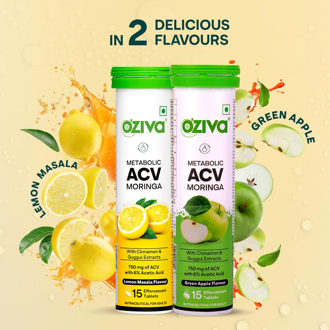 Picture of OZiva ACV Moringa | Control Cravings I Apple Cider Vinegar, Cinnamon, Guggul I No Maltodextrin & No Added Sugar I 15 Effervescent Tablets - Green Apple